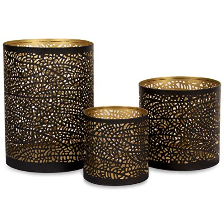 

Set of 3 Black and Gold Metal Candle Holders Decorative Tabletop Candle Holder Set for Pillar, Votive and Tealight Candles, Mod