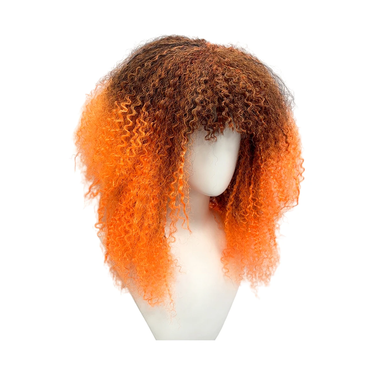 Brown Root Orange Ombre Afro Curly Wig Synthetic Hair Tiny Curl Bangs Hip Hop Cosplay Halloween Costume Party Full Wigs forWomen view 5