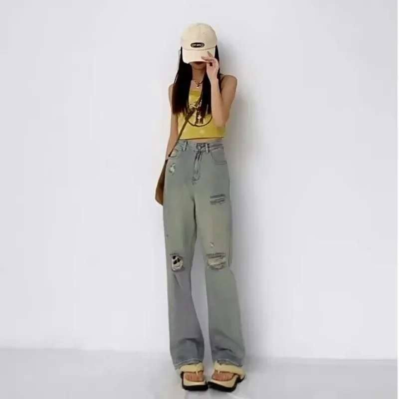 Pop Pop Retro Jeansy damskie z szerokimi nogawkami i wysokim stanem na lato Nowe luźne spodnie w dużych rozmiarach Mała figurka Długie spodnie Prosty krój z dziurami