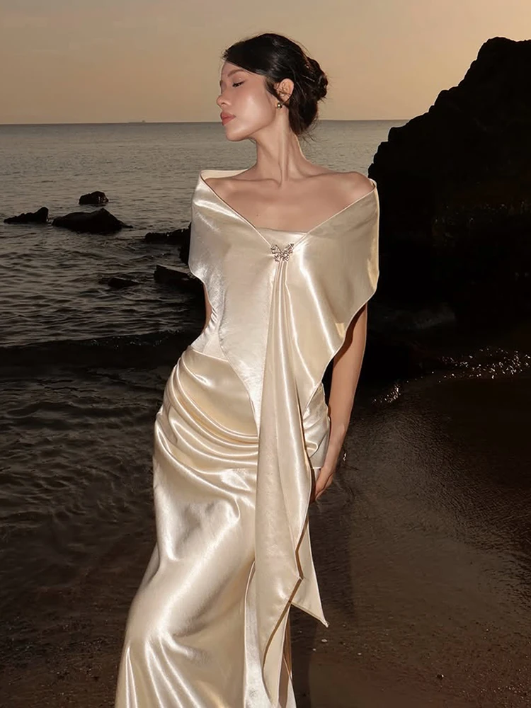 Sisterlinda Chic Elegant 2-Piece Set Women Metal Butterfly Decoration Irregular Shawl+Folds Wrap Chest Sleeveless Vestidos Suit