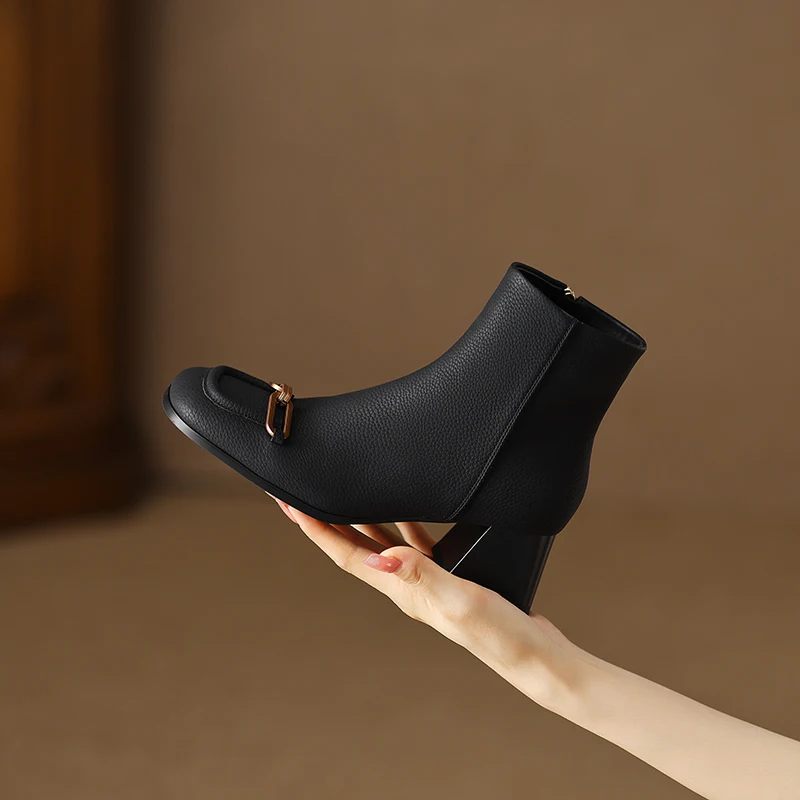 

Новинка 2026, осенне-зимние женские ботильоны из натуральной кожи, короткие ботинки из воловьей кожи высотой 22-24,5 см с квадратным носком и толстым высоким каблуком