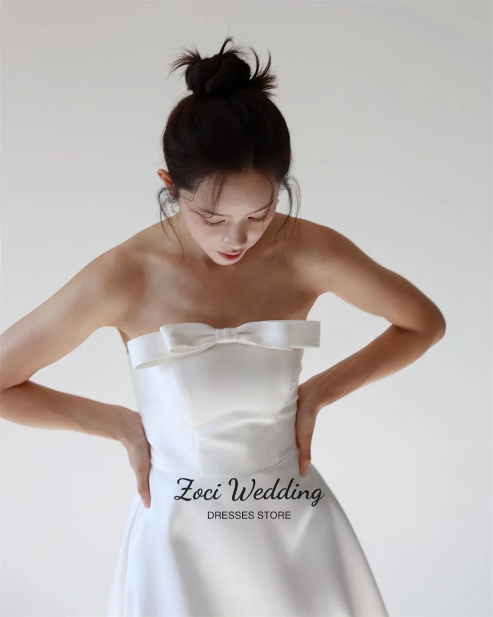 Zoci-vestidos de recepción de boda con lazo sin tirantes, vestidos de noche con corsé simples y elegantes, vestido de novia de satén hasta el suelo personalizado