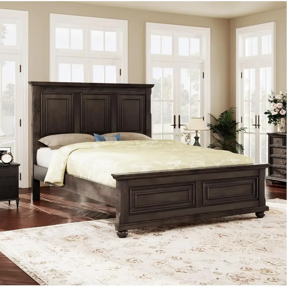 Pinewood Queen Bed Frame with Wood Panel Bed Base Queen Size Platform Bed with Tall Headboard & Footboard, , No Squeak