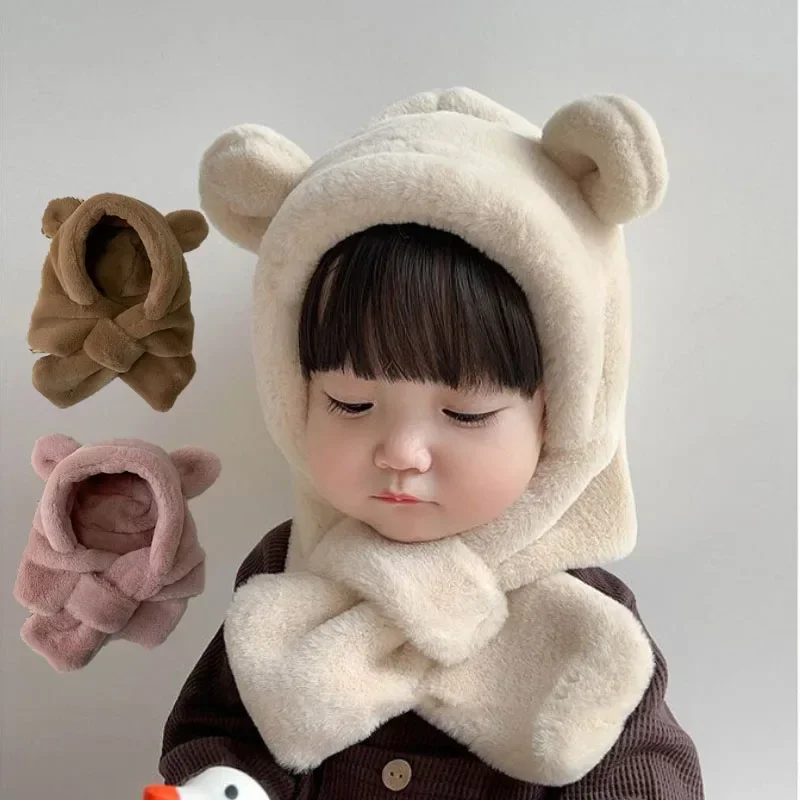 Winter Warm Children Scarf Hat Plush Kids Ear Protection Cap Boy Girl Outdoor Ski Windproof Hood Beanies Lamb Fleece Neck Snood