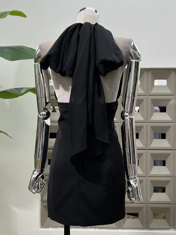 DFDG Robe dos nu pour femme, douce et sexy, col licou, col en V, transparente, moulante, mi-longue, avec nœud au dos, robe de soirée de cocktail élégante, 2025 SS