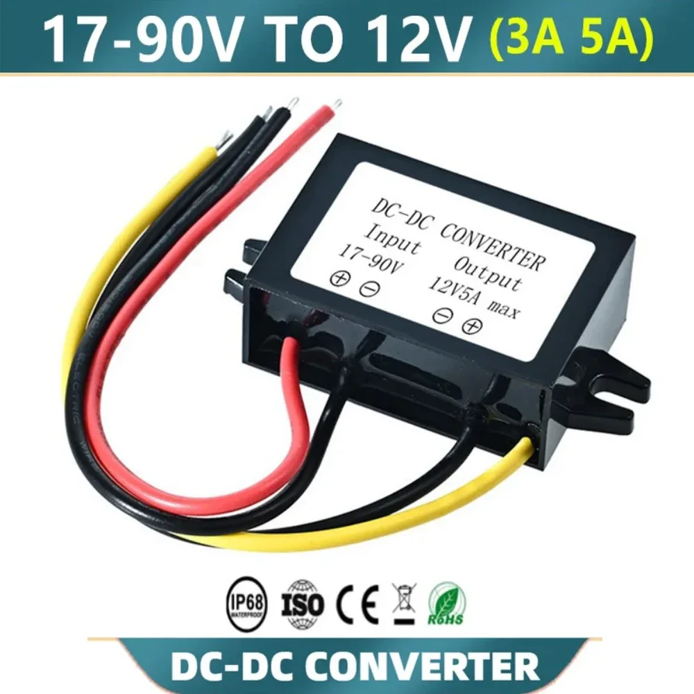 

24V 36V 48V 60V to 12V Step Down DC DC Converter Voltage Regulator for Golf Cart Club Car Audio LED Strip Light (Input 17-90V)