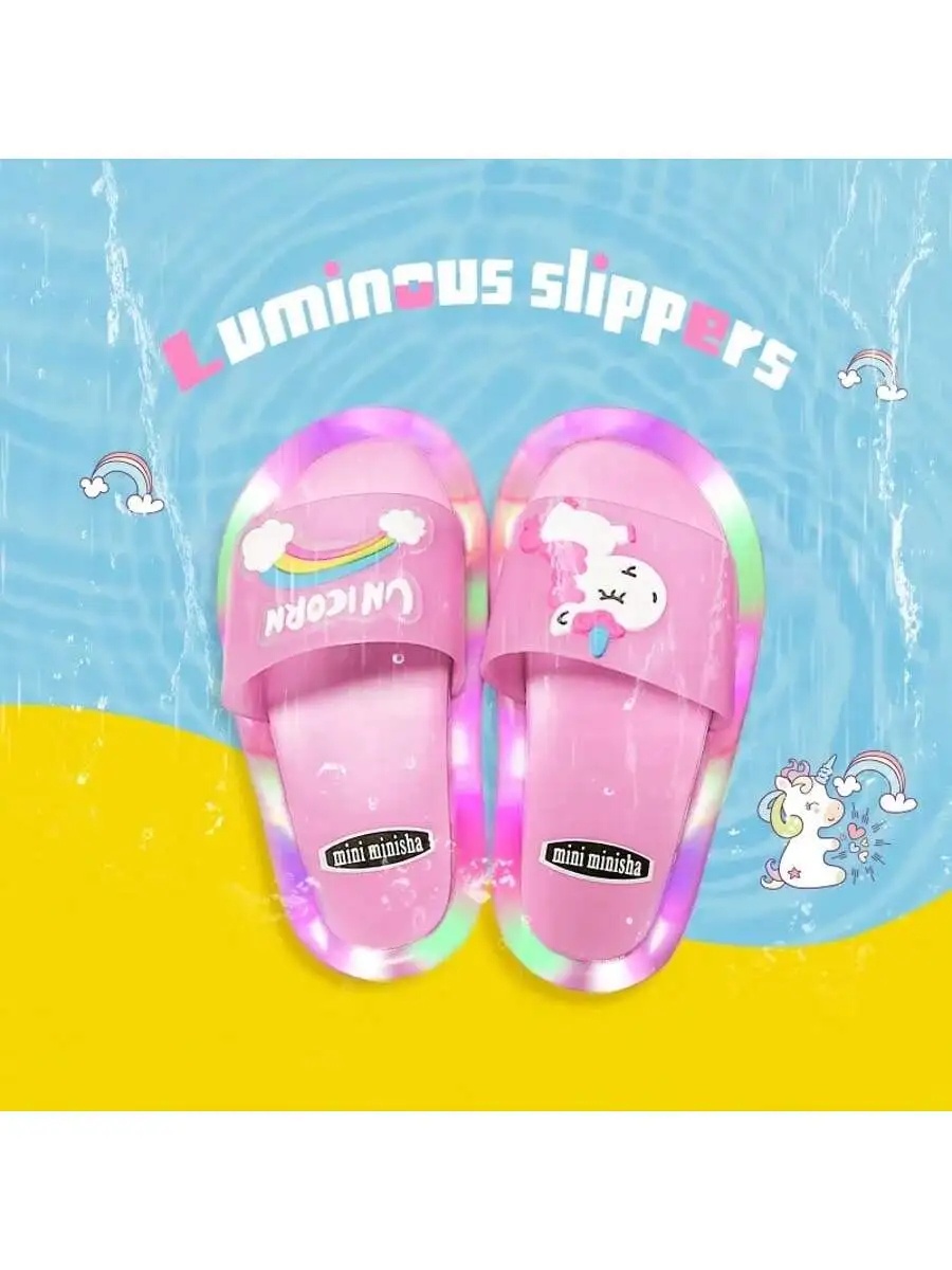 

Crianças meninos meninas chinelos dos desenhos animados unicórnio animais отпечаток sapatos iluminados moda bonito sapatos de banh