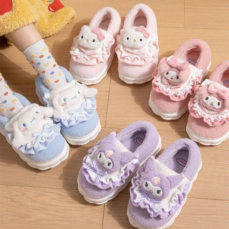 Cute Hello Kitty Slippers Platform Anti slip House Slippers Black Rice Shoes for Women and Girls Cartoon Sanrio Melody Warm Wint