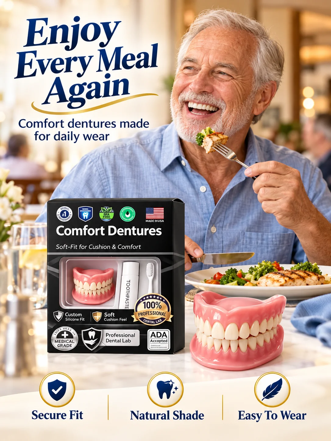 Soft Silicone Dentures for Seniors Adults All Day Comfort Fit Upper Lower Natural Teeth Set