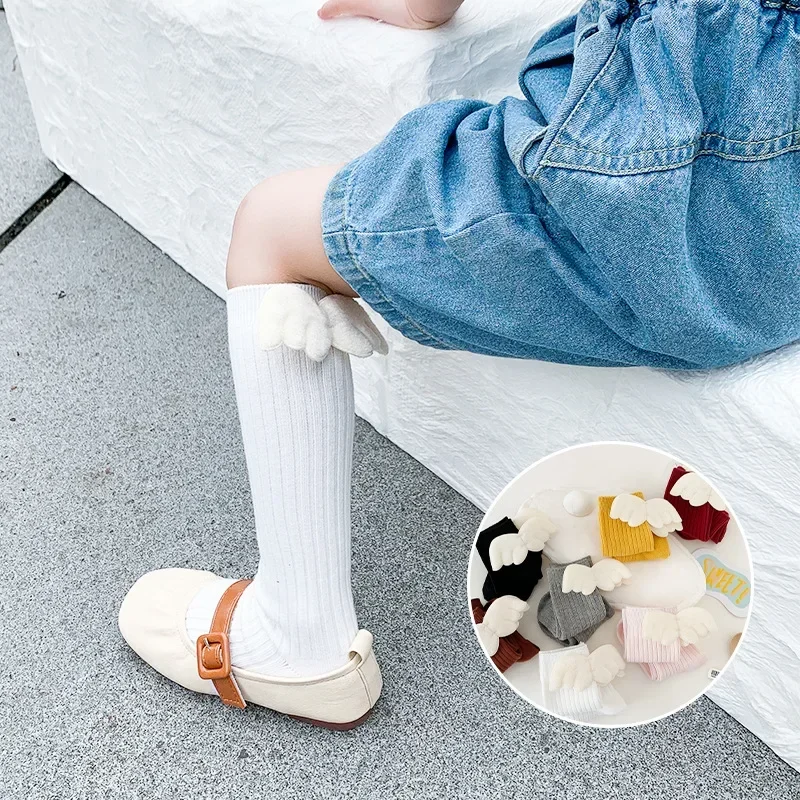 Spring Autumn Kids Socks for Girls White Angle Wing High Tube Cute Children Cotton Long Red Baby Knee High Socks