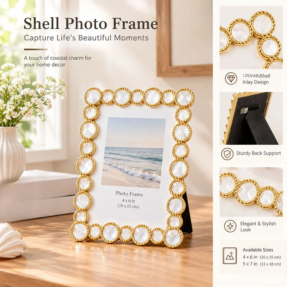 Freshwater Shell Inlay Picture Frame in Polished Gold Metal for Elegant For Home and Office Display 6x4 7x5 inch