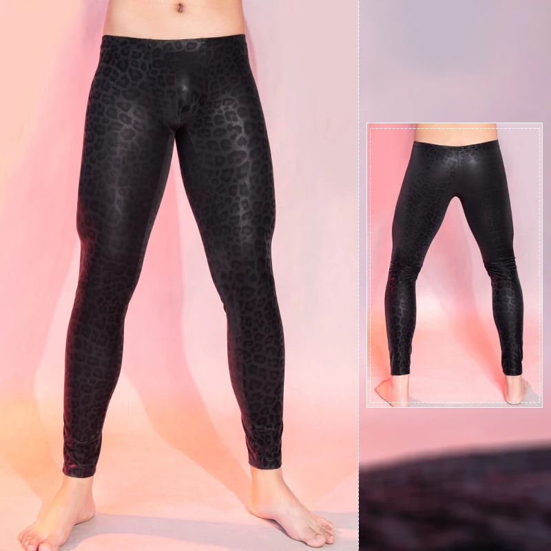 Men Sexy Shiny PU Leather Leggins Underwear Leopard Printed Elastic Skinny Long Pants Tights Leggings Nightclub Trousers