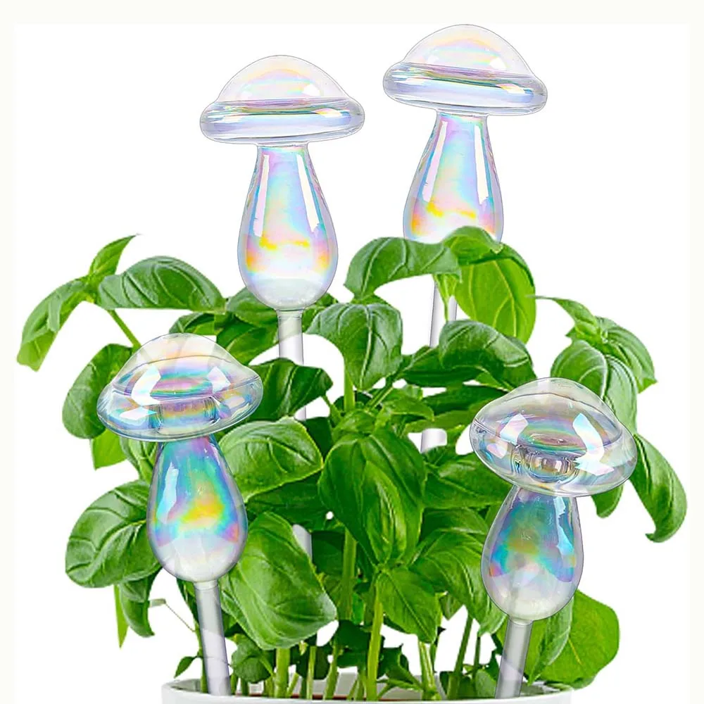

Plant Watering Globes Iridescent Rainbow Gradient Color Clear Mushroom Self Watering Spikes-Plant Watering Bulbs Devices