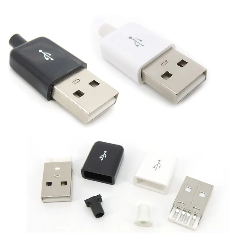 USB نوع موصل قابس ذكر ، غطاء بلاستيكي أبيض وأسود ، USB نوع-مجموعات لحام DIY ، 4 دبوس ، 10