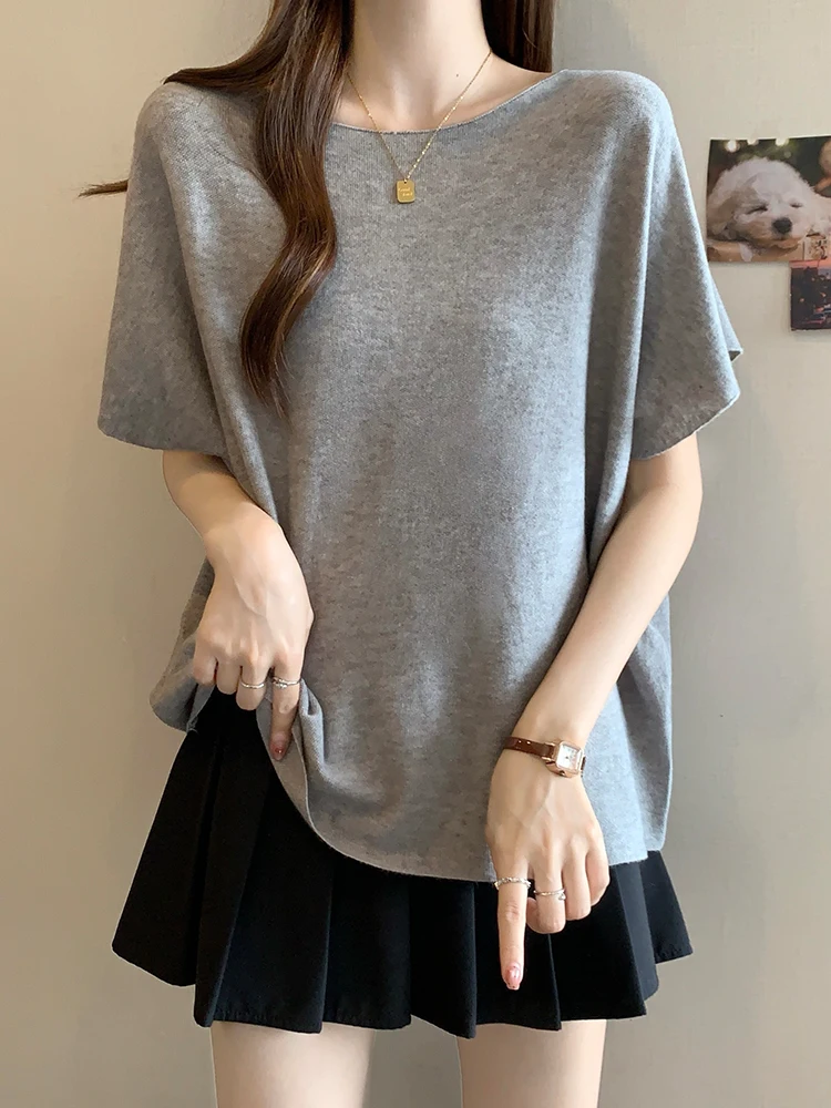 

Slimming Ice Silk Batwing Sve Knitted T-irt Women's Summer Large Size Slim Fit Base irt Commute Sle Korean Loose Fit