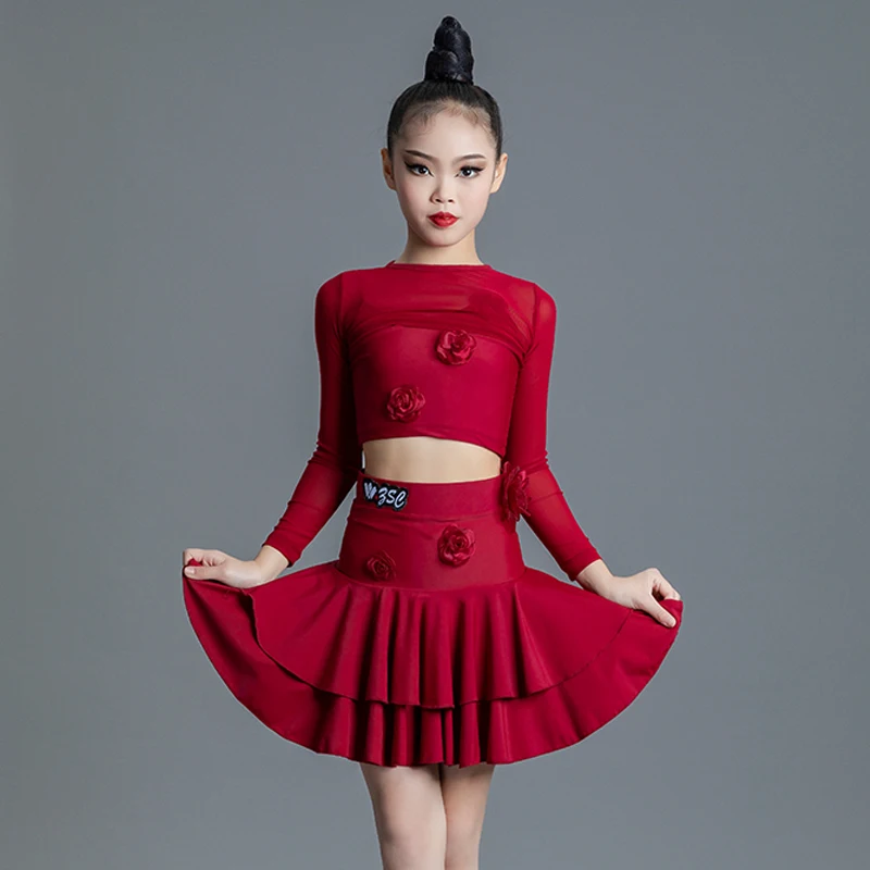 Children\'S Latin Dance Clothes Girls Red Latin Top Skirt Pants Performance Dance Costume Ballroom Dance Competition Wear SL8579