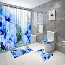 4Pcs/Set Blue Flowers Shower Curtain Bath Mat Spring Floral Print Fabric Bathroom Curtain Anti Slip Floor Rug Carpet Toilet Lid