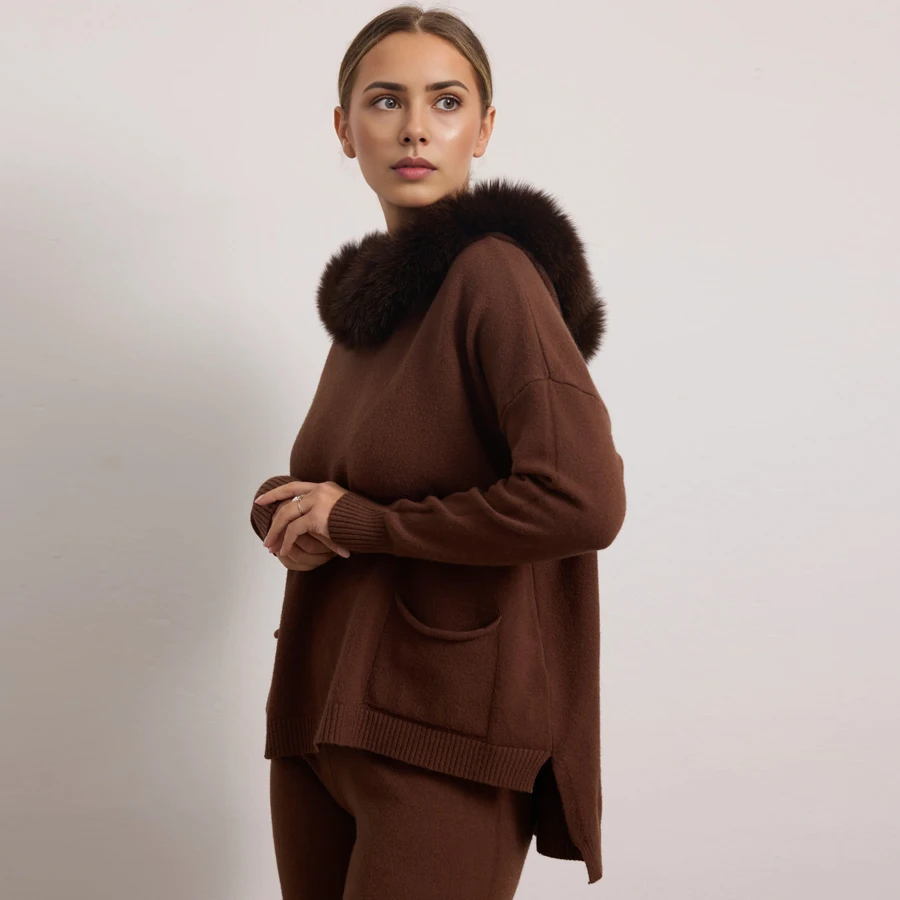 캐시미어 스웨터 폭스 퍼 트림 후드 니트 스웨터 여성용 리얼 퍼 풀오버 고품질 천연 퍼 칼라 캐주얼 후디
