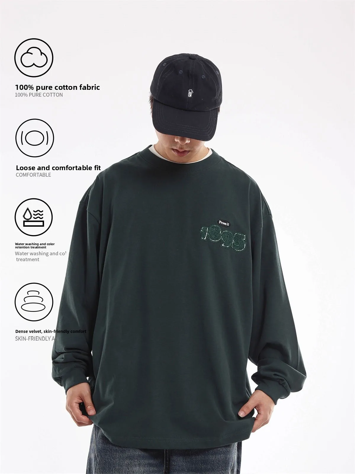 Autumn Lazy Retro 300g Heavyweight Long Sleeve T-Shirt Cityboy Loose Fit Green Towel Embroidery Sweat Absorbent Breathable