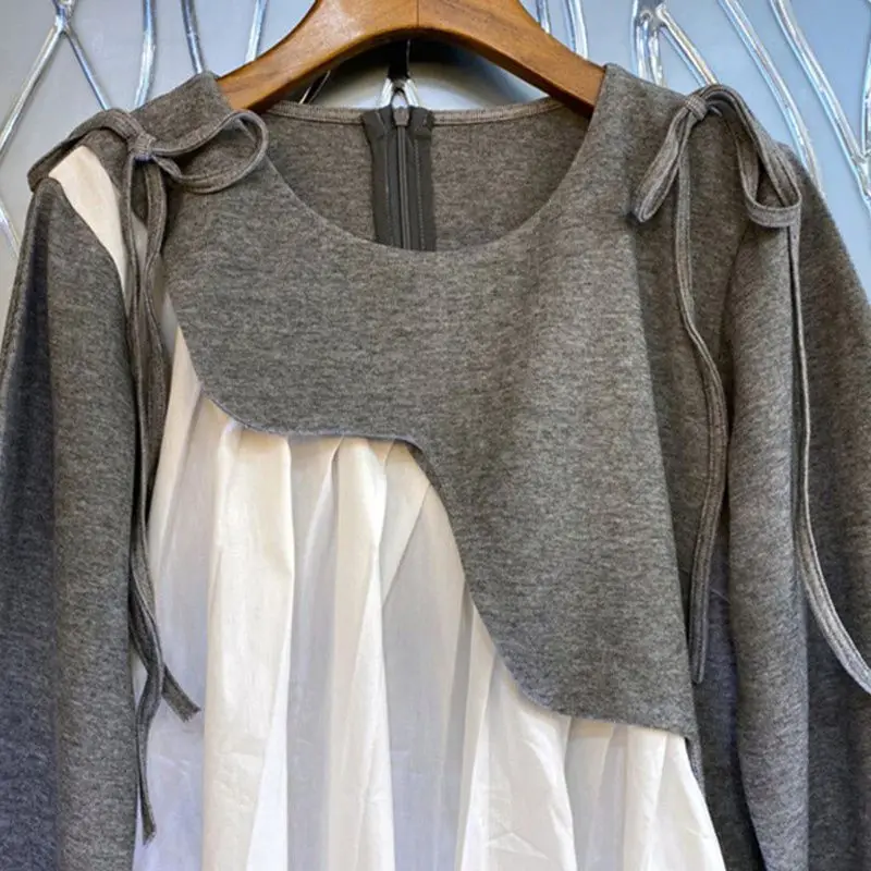 

Женская осенняя футболка с длинными рукавами, имитирующая двухслойность, с цветовыми блоками и шнуровкой, в корейском стиле, универсальная, в стиле «маленький аромат», JJ3