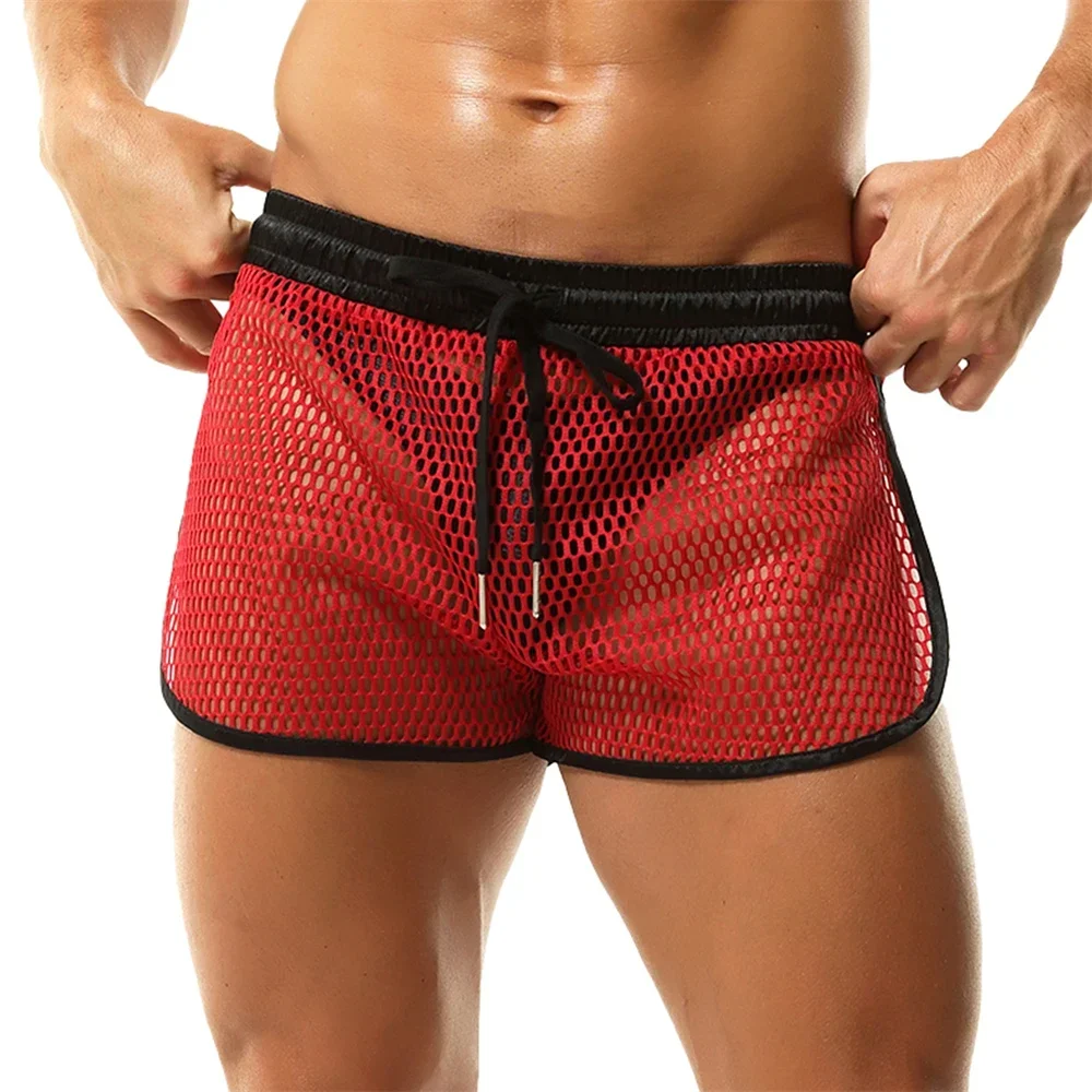 Men's Loose Beach Swim Trunks Fishnet Mesh Shorts Male See Through Hollow Out Breathable Loungewear Sexy Side Split Short Pants