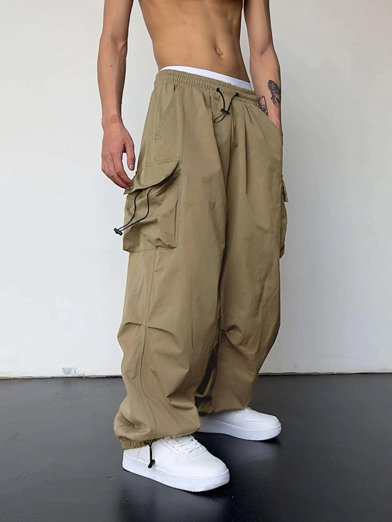 Spring Summer Solid Color Cargo Pants Casual Streetwear Wide Leg Elastic Waist Multi Pocket High Street Drawstring Workwear