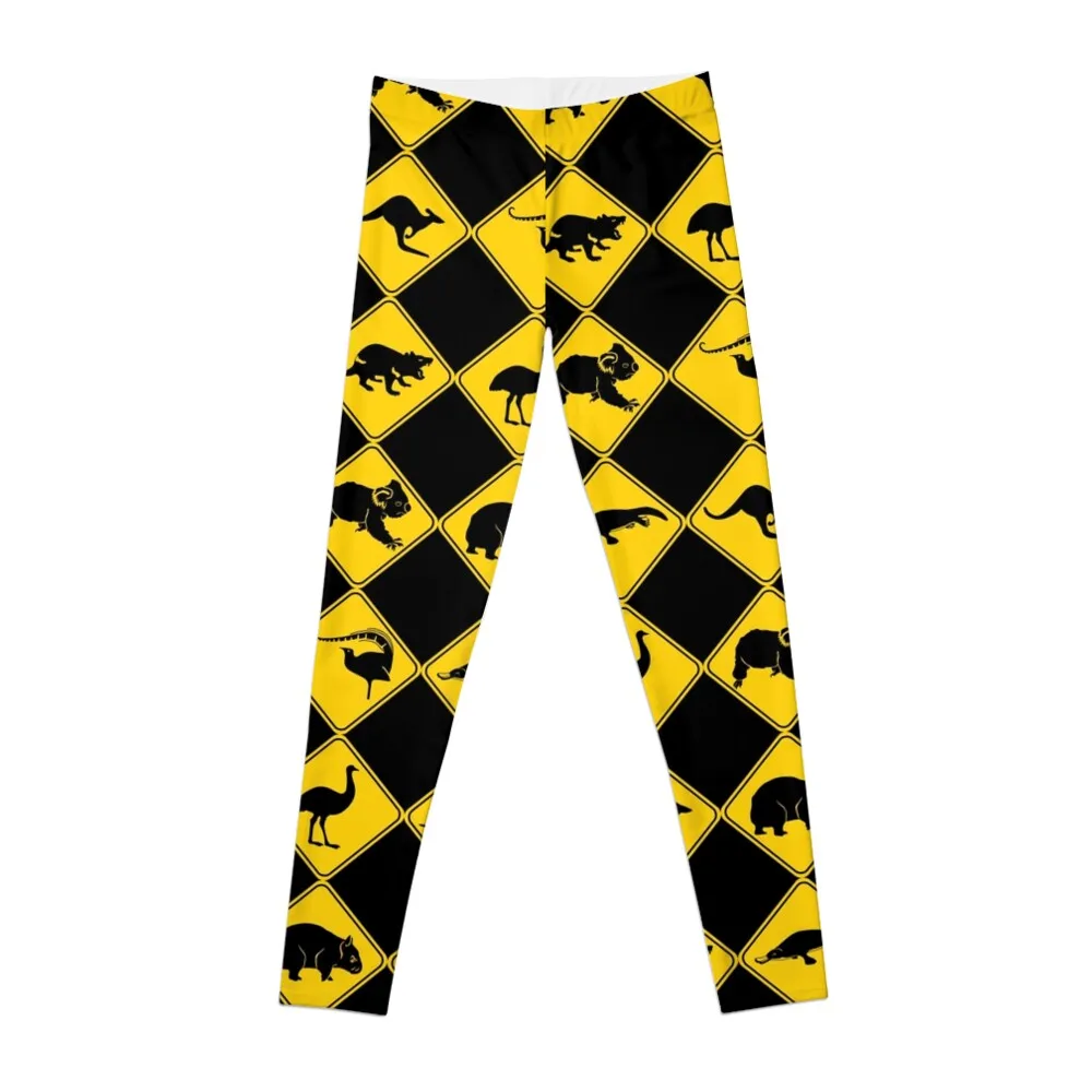 Australian Animal Road Signs Black-and-yellow Checkerboard Pattern Leggings jogging pants flared Womens Leggings