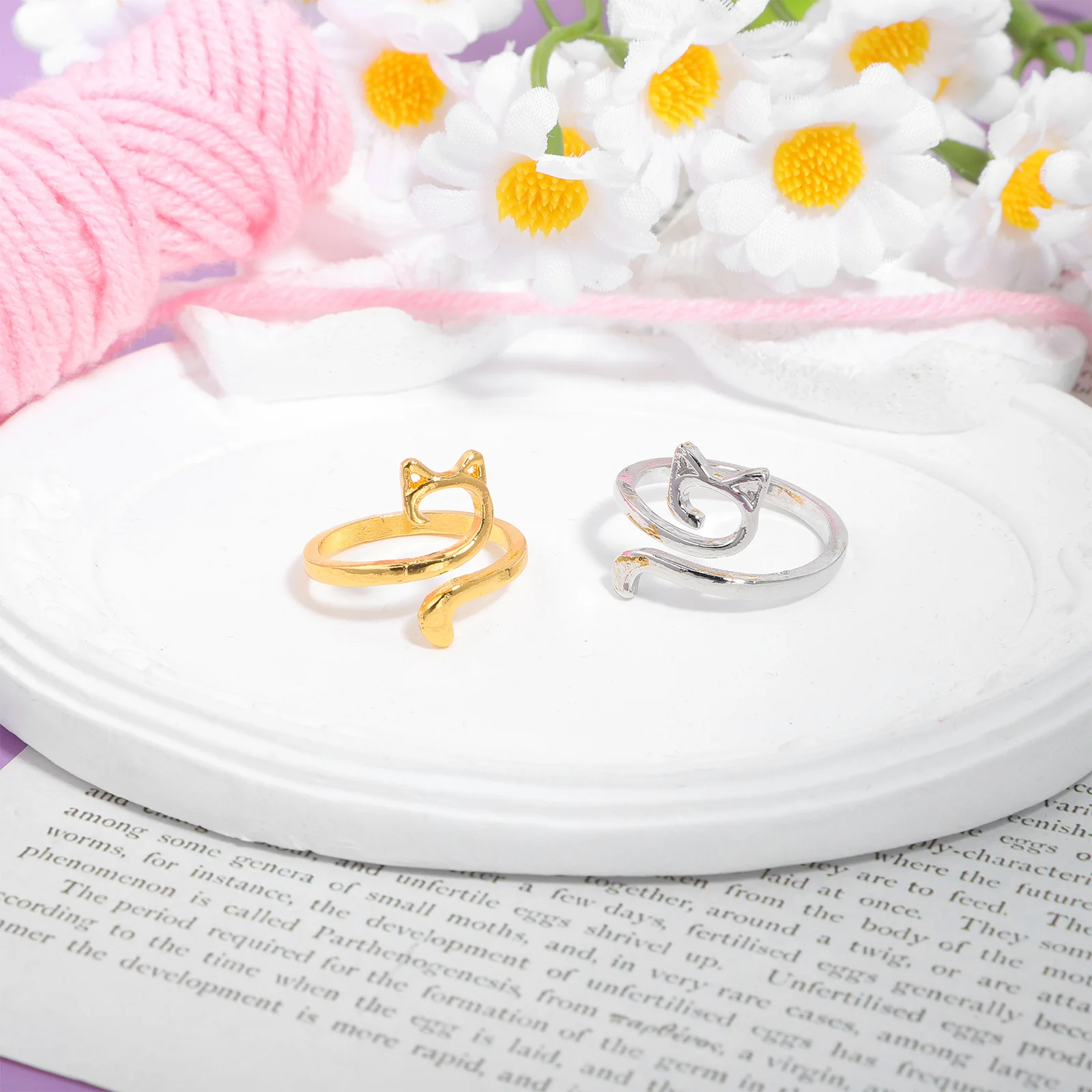 4 Uds. Anillos de ganchillo ajustables con forma de oreja de gato, anillos de dedo de hilo de tejer, diseño abierto, ropa cómoda