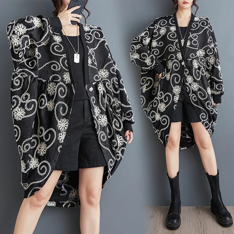 

Ele Embroidered Heavy-Stitching Windbreaker Jaet Loose Batwing Sve Midi Cardigan Versatile Autumn Wear Korean Sle