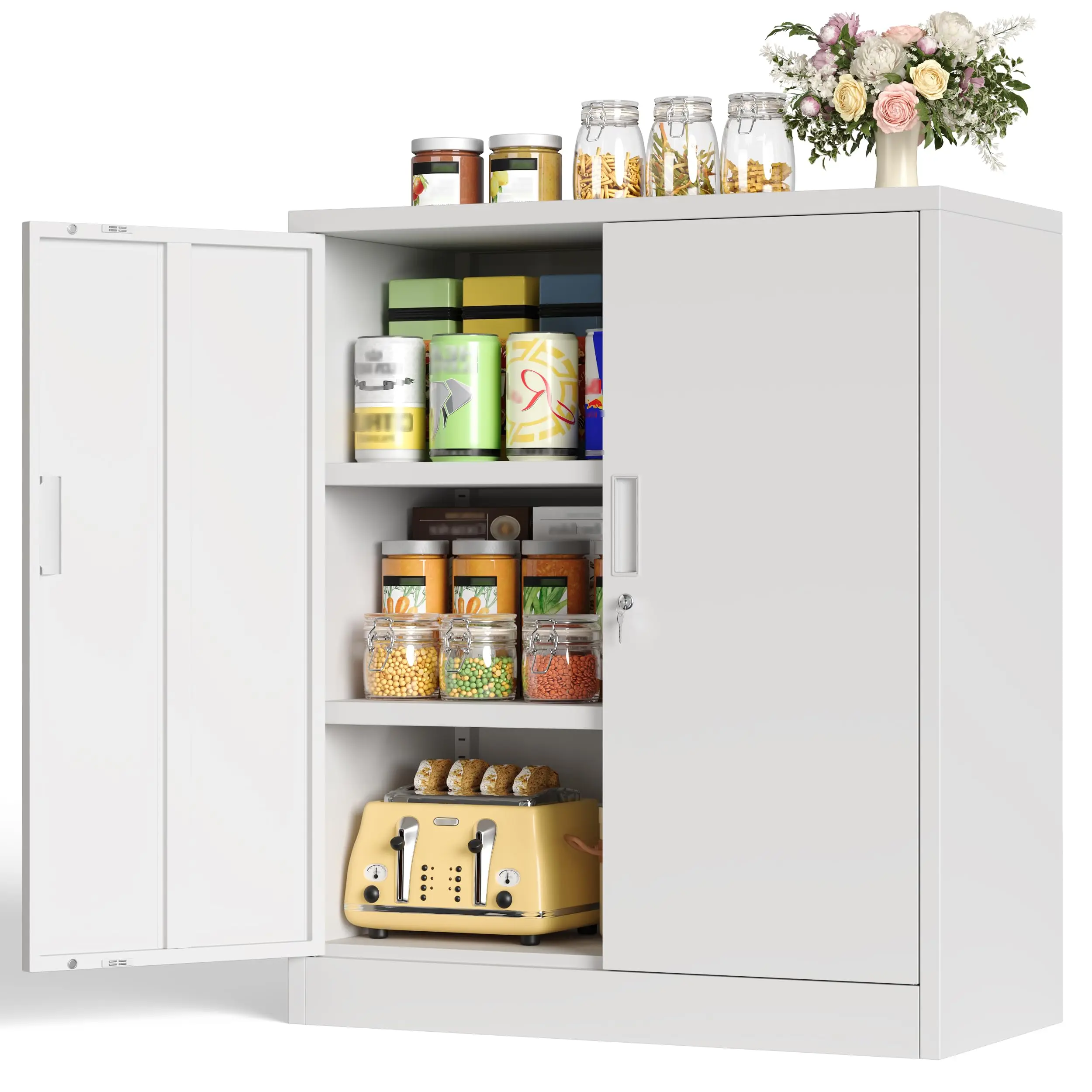 Pantry Cabinet, Metal Pantry Storage Cabinets with Doors and 2 Adjustable Shelves, 36