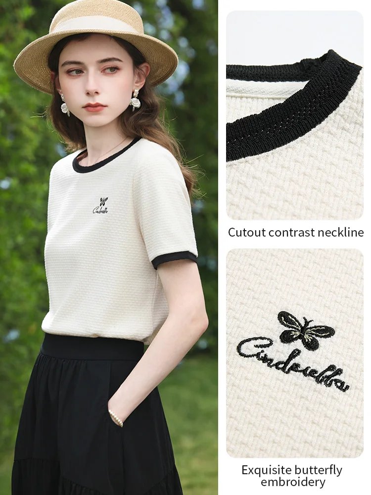 I BELIEVE YOU Butterfly Embroidery Apricot Knitted T-Shirt Summer Breathable Water Ripple Casual Short Sleeve Tees 2261016285