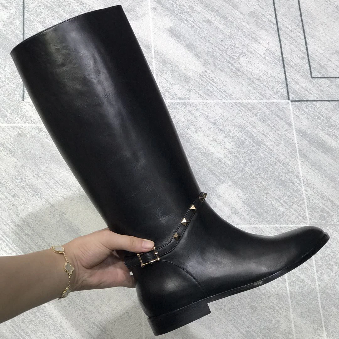 

New Long women boots Women's Knee-High Boots Round-Toe Chunky Heel with Rivet Buckle Detail Stylish Genuine Leather Footwear