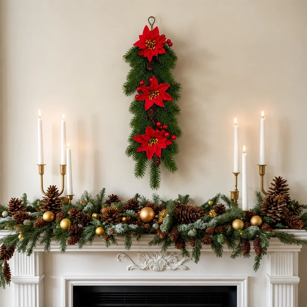 2-teilige Weihnachts-Hängegirlanden, künstliche Kiefernzweige, Weihnachtssternbeeren, Tannenzapfen für Tür-, Wand- und Kamin-Dekoration, Weihnachtskränze – Detail 2