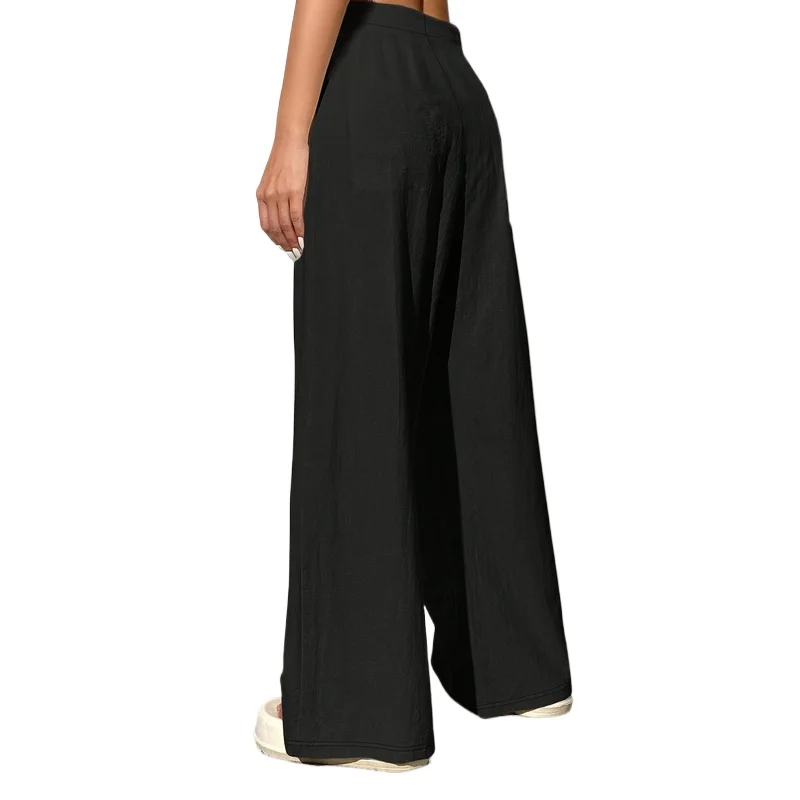   2025年 クラシックでシックなワイドレッグパンツ レディース ゴムウエスト 通気性 スリム ブラック デイリー オフィス カジュアル