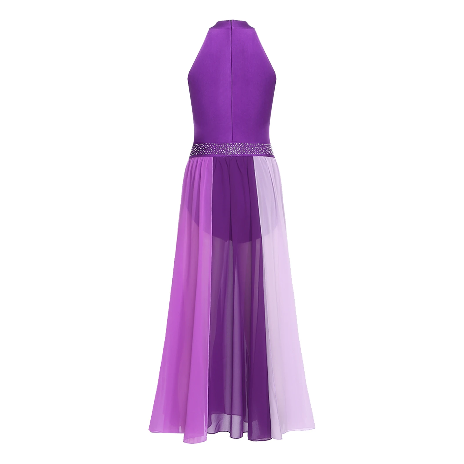 Women Modern Lyrical Dance Performance Costume Sleeveless Rhinestone Mesh Slit Hem Leotard Dress for Ballet Skating Gymnastics