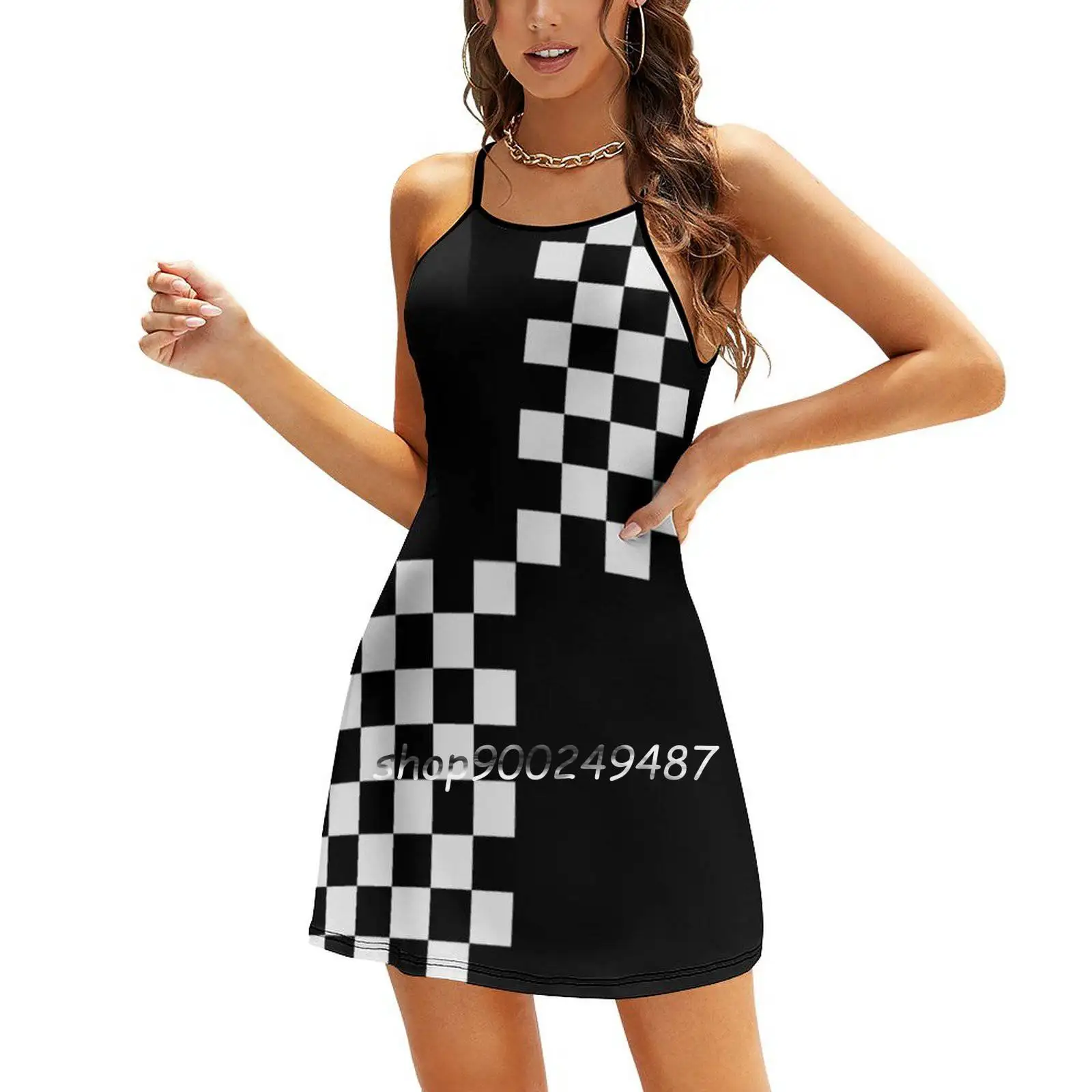 Quad Ska Black White Checked Pattern Flare Dress Multiple styles Print Dress Short and Long Sleeve Dress Mod Ska Sixties Fashion