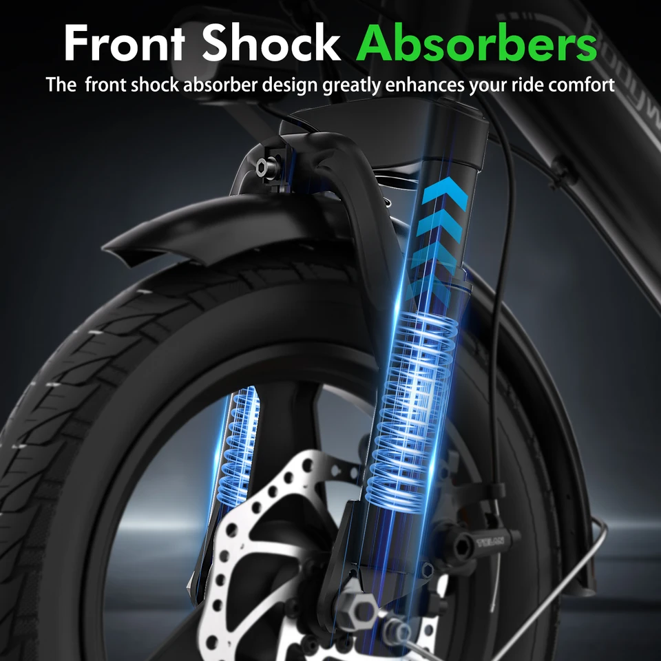 14' Foldable Electric Bicycle for Adult, Peak 500W Motor with 36V 10.4Ah Removable Battery EBike Dual Disc Brake Bodywel T16pro image 11