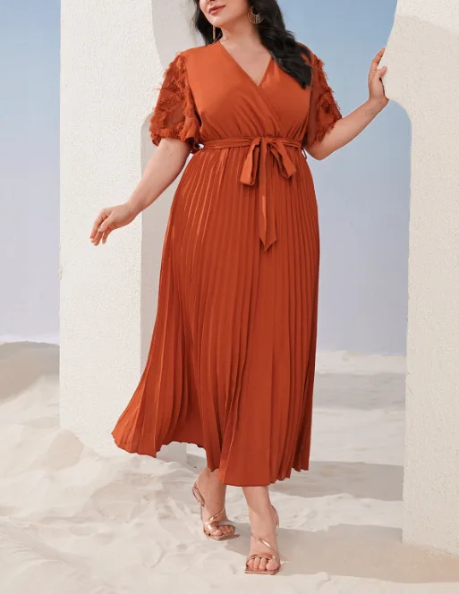 Women Casual Dress Plus Size Solid Color Pleated Lace-up Short-sleeved Dress Temperament Fashion V-neck Splicing Elegant Dresses