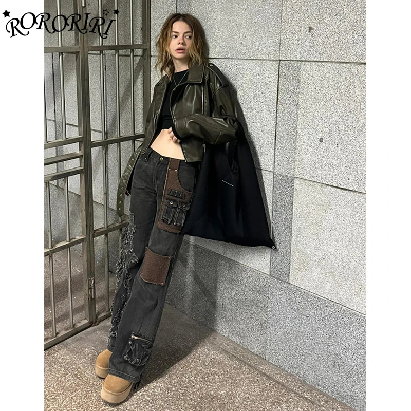 RORORIRI Women Patched Patchwork Frayed Cargo Jeans High Street Multi-pocket Low Rise Wide Leg Bootcut Pants Y2k Vintage Clothes