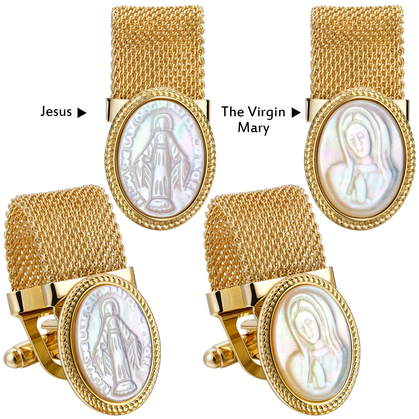 Religious Mother of Pearl Cufflinks for Men with Chain - Gifts for Christian, Church Member, Pastor on Church Christmas Easter