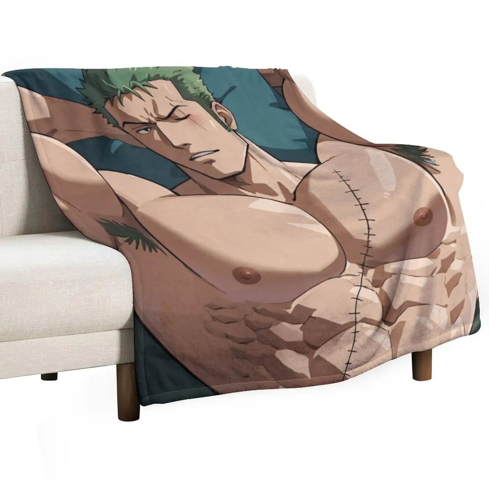 

Muscular Anime Boy With Green Hair Flexing Biceps Armpits Throw Blanket Thins Winter beds Blankets