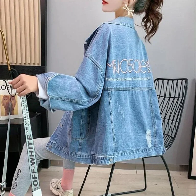 Denim Jacket Embroidered Female Ins Harajuku Style 2022 New Ladies Autumn Baseball Uniform Denim Clothes Korean Loose Fashion