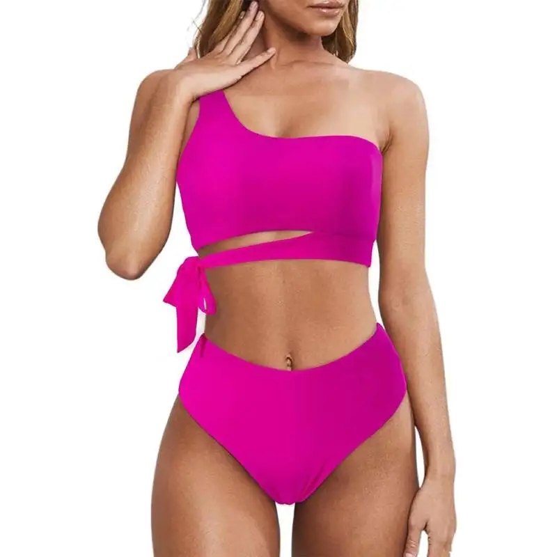 Cikini-One Shoulder Strap Bikini Set for Women, Split Swimsuit, Solid Color, Summer Beach Swimwear, Bathing Suit for Female