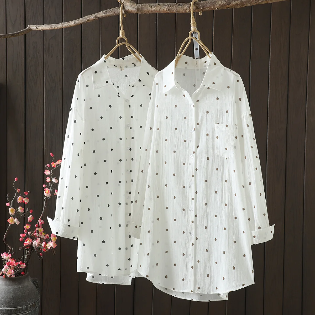 New Spring Cotton Dot Printed Shirt Women Lapel Long Sleeve Fashion Top Girl Loose Casual Commute Blouses 2024 Autumn T44069QC