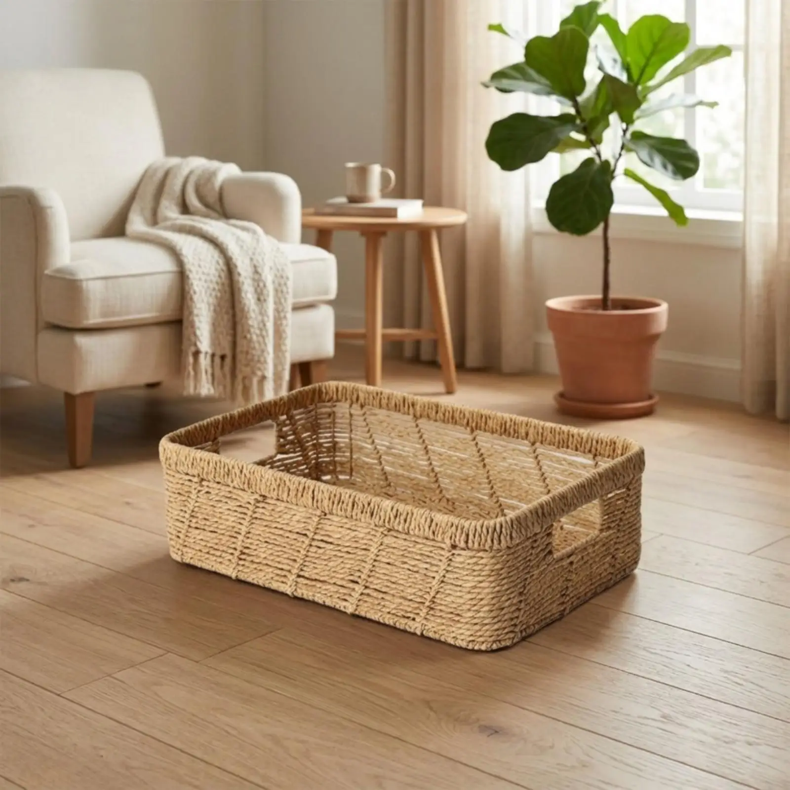 Braided Storage Basket with Handles for Living Room Toy Organizer Airy Woven Decor Bin
