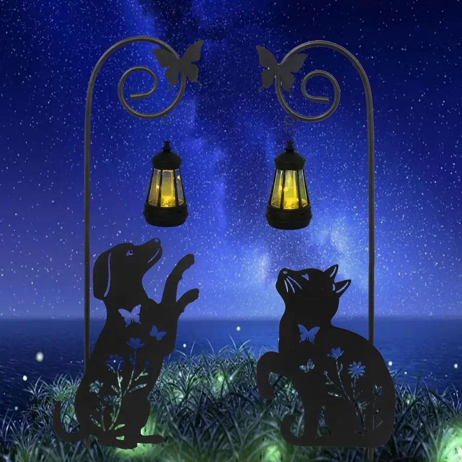 

Dog and Cat Lantern Garden Stakes Outdoor Decorative Solar Lights for Yard, Patio, Pathway Weatherproof Metal Pet Stake with Aut