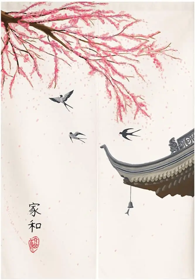 Oriental Cherry Blossom Door Curtain, Swallow & Chinese Eave Pattern, Waterproof Washable Noren Curtain for Living Room Entrance