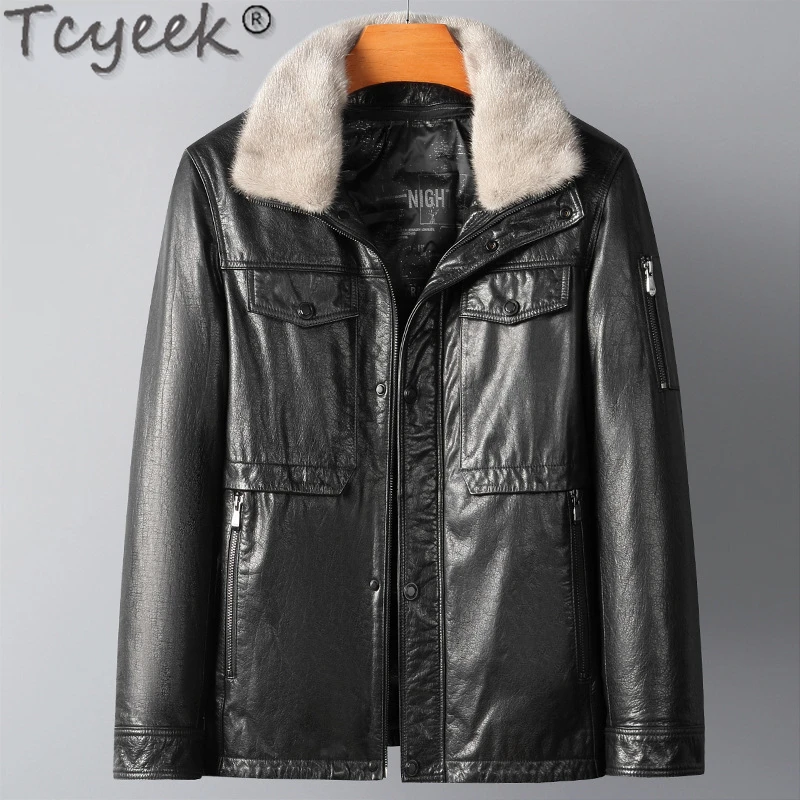 

Tcyeek Winter Thicken Down Liner Slim Genuine Leather Jacket Men Clothes Mink Fur Lapel Collar Short Top Layer Cowhide Coat Man