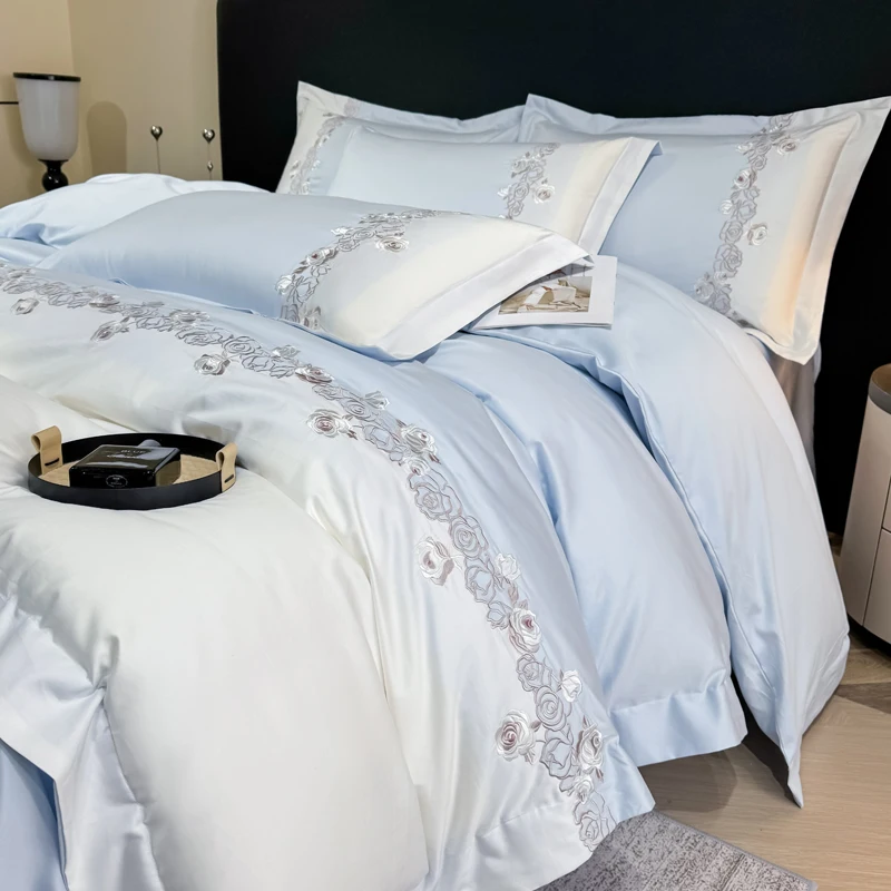 

Sky Blue 100% Cotton Flowers Embroidery Bedding Set King Queen Size Duvet/Quilt Cover Fitted Bed Sheet Pillowcases Home Textile