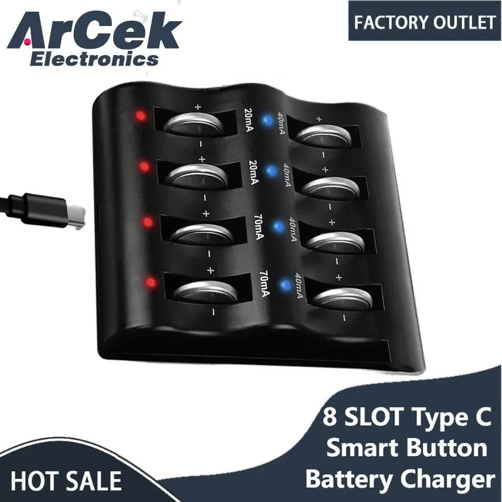

Type C Smart Lithium Button Battery Coin Cell Charger 8 SLOT for LIR2032 LIR1632 LIR2025 LIR2016 LIR2032H Rechargeable Batteries